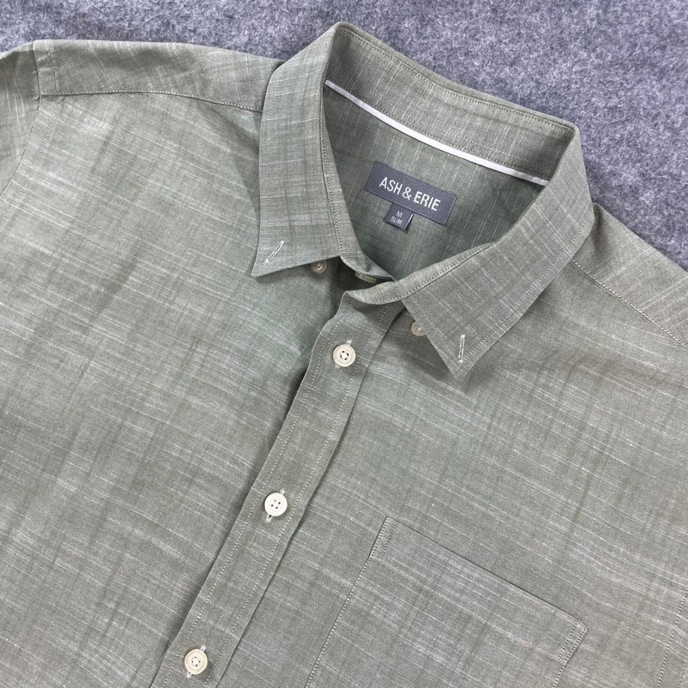 Ash and Erie Mens Button Down Shirt M Green Heathered Short Sleeve Slim Fit
